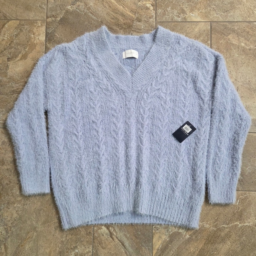 Lucky Brand Womens Blue Eyelash Cable Knit V-Neck Sweater Medium NWT